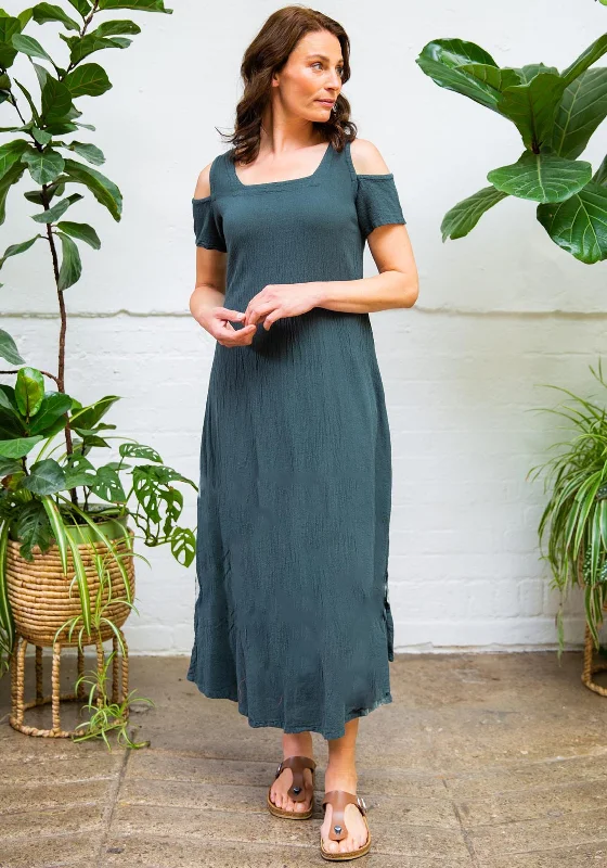 One Life Dana Cold Shoulder Maxi Dress, Juniper Trendy Satin Maxi Dress
