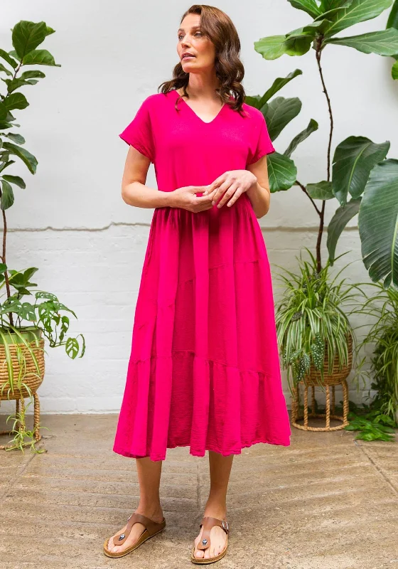 One Life Toucan Tiered Smock Maxi Dress, Fuchsia Fashionable Chiffon Tiered Maxi Dress