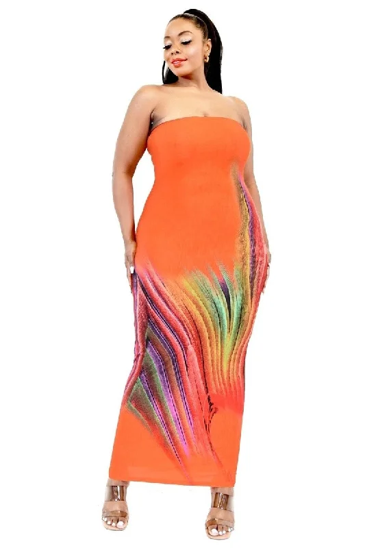 Plus Size Abstract Orange Maxi Dress Stylish Boho Maxi Dress