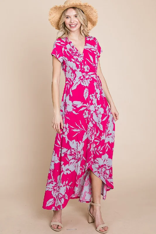 Plus Size Floral Faux Wrap Hi-Low Maxi Dress Comfortable Satin Maxi Dress