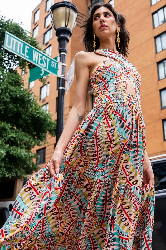 Ella Red Poison Ivy Print Crepe Halter Neck Maxi Dress Cozy Wrap Maxi Dress