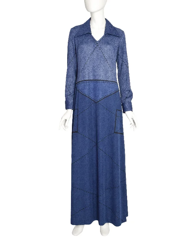 Roberta di Camerino Vintage Denim Look Trompe L'oeil Maxi Dress Fashionable High-Waist Maxi Dress Roberta di Camerino Vintage Denim Look Trompe L'oeil Maxi Dress Fashionable High-Waist Maxi Dress