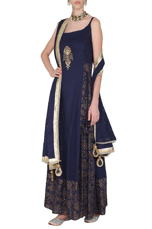 Block Printed Navy Blue Strappy Maxi Dress With Dupatta Comfortable Plunging Neckline Maxi Dress