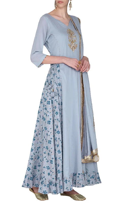 Maxi Dress Blue With Embroidered Dupatta Trendy Off-Shoulder Ruffle Maxi Dress