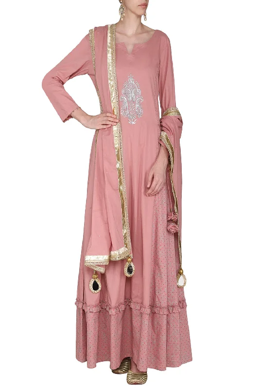 Maxi Dress Dusky Pink With Embroidered Dupatta Elegant Silk Maxi Dress