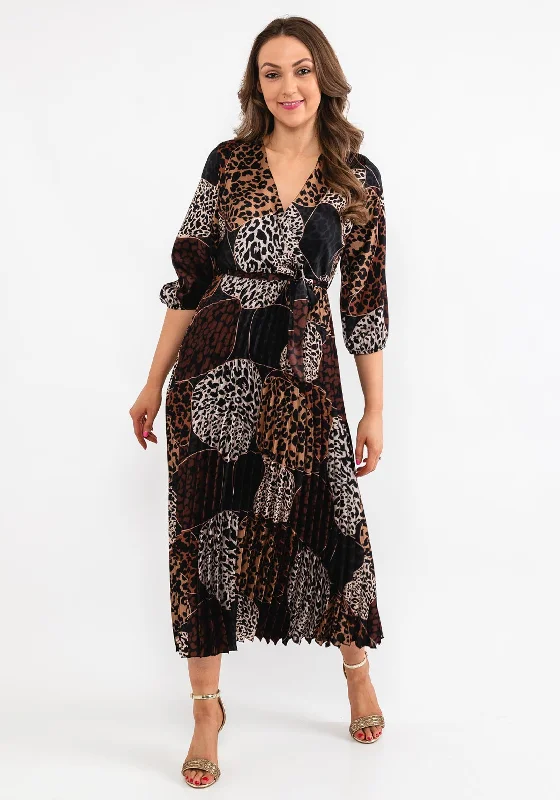Seventy1 One Size Leopard Print Pleat Maxi Dress, Brown Trendy Satin Maxi Dress