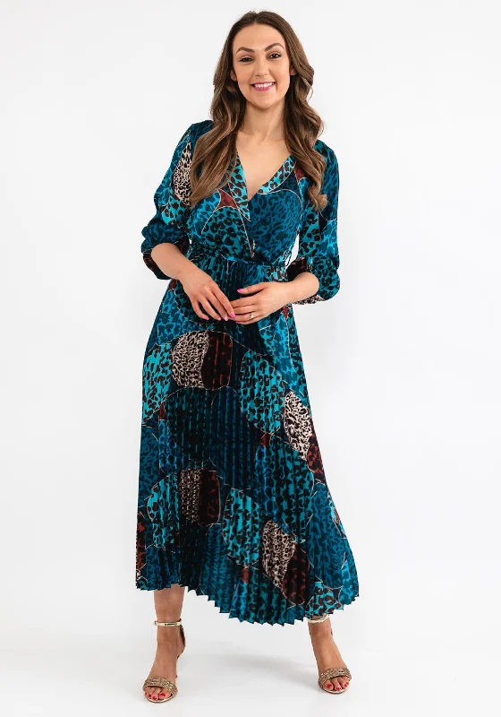 Seventy1 One Size Leopard Print Pleat Maxi Dress, Teal Comfortable Maxi Dress with Sleeves Seventy1 One Size Leopard Print Pleat Maxi Dress, Teal Comfortable Maxi Dress with Sleeves