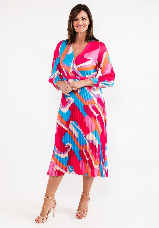 Seventy1 One Size Print Pleat Maxi Dress, Fuchsia Multi Trendy Maxi Dress with Lace