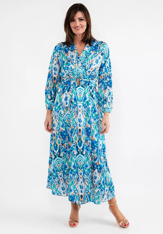 Seventy1 One Size Satin Print Wrap Maxi Dress, Blue Cozy Maxi Dress with Slit