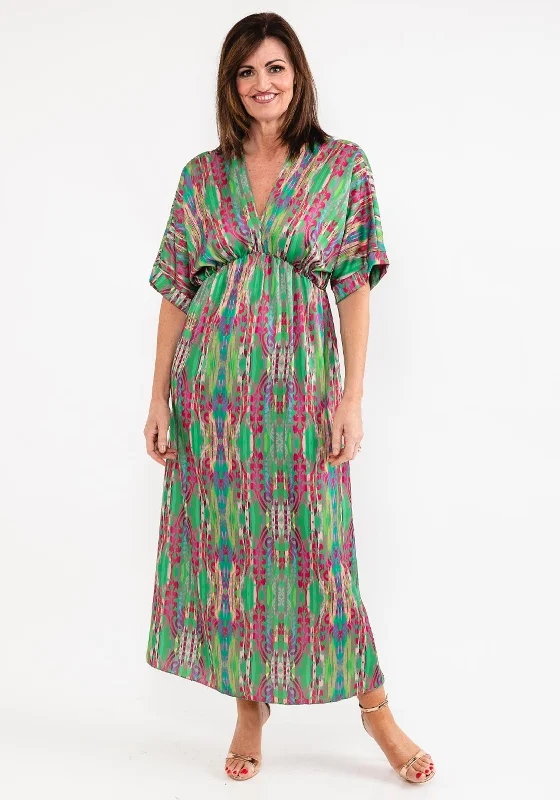 Seventy1 One Size Dome Waist Satin Maxi Dress, Green Comfortable Pleated Maxi Dress