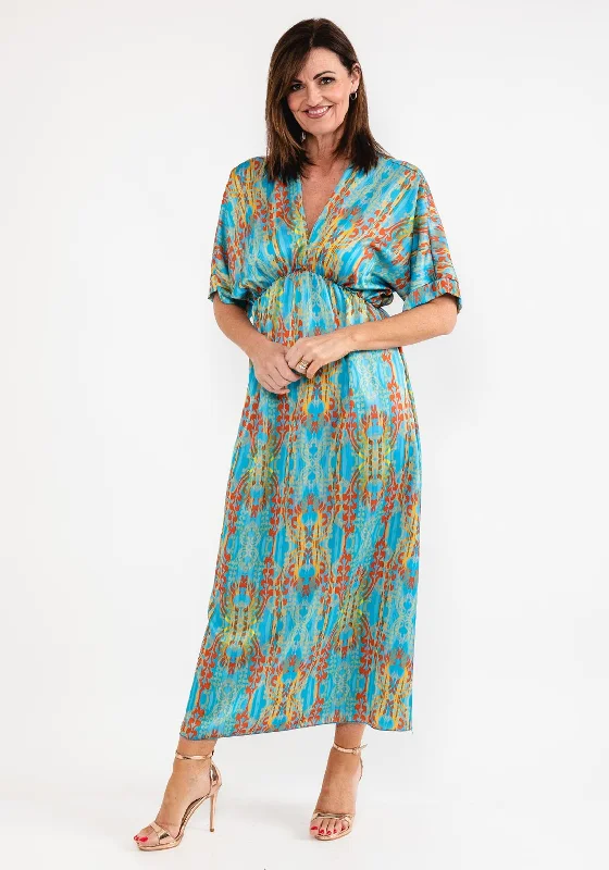 Seventy1 One Size Dome Waist Satin Maxi Dress, Turquoise Chic Sleeveless Maxi Dress