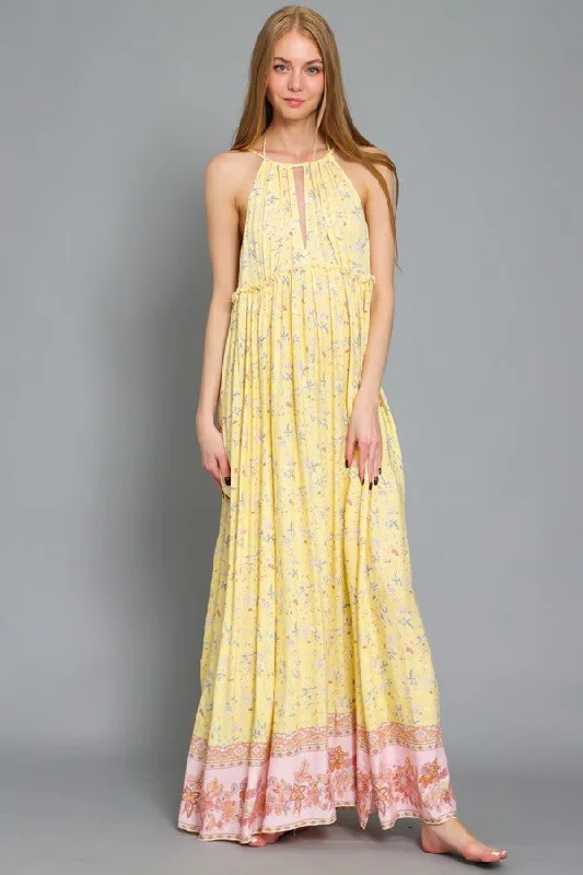 SLEEVELESS HALTER EMPIRE WAIST MAXI DRESS Fashionable Faux Wrap Maxi Dress