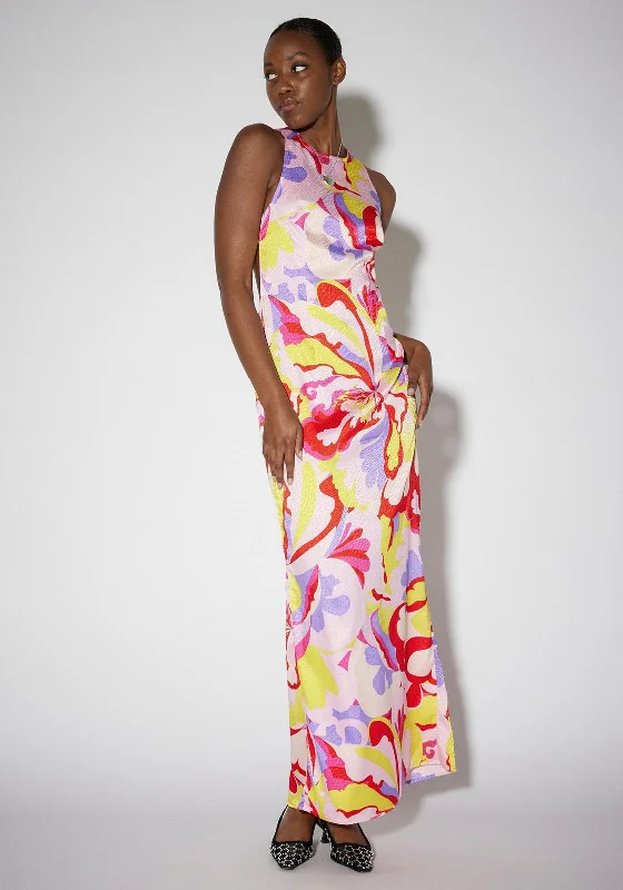 SOMETHINGNEW Amelia Sleeveless Maxi Dress, Blazing Yellow Multi Trendy Maxi Dress with Lace