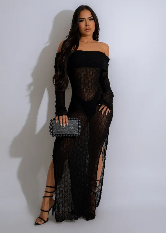 Sugar Rush Mesh Maxi Dress  Black Trendy Off-Shoulder Ruffle Maxi Dress