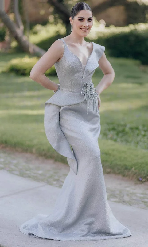 Terani Couture 232E1297 - V-Neck Side Ruffle Evening Gown
