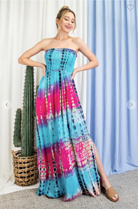 TIE DYE STRAPLESS SMOCKED MAXI DRESS Comfortable Cotton Maxi Dress