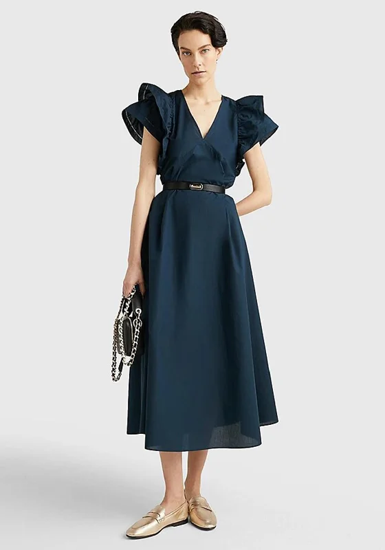Tommy Hilfiger Womens Frill Maxi Dress, Desert Sky Stylish Empire Waist Maxi Dress