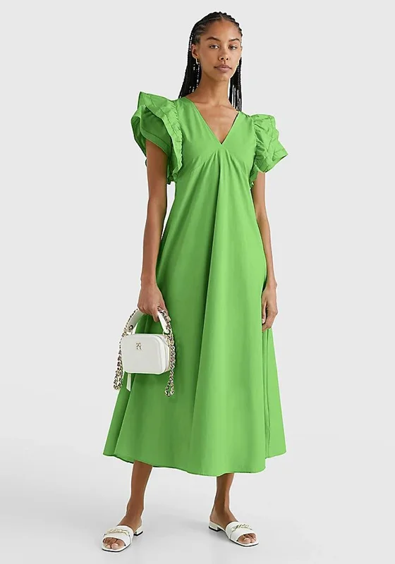 Tommy Hilfiger Womens Frill Maxi Dress, Spring Lime Comfortable Bohemian Maxi Dress