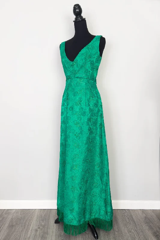 Vintage Emerald Green Brocade Long Empire Waist Maxi Dress with Fringe Trendy Ruffled Maxi Dress