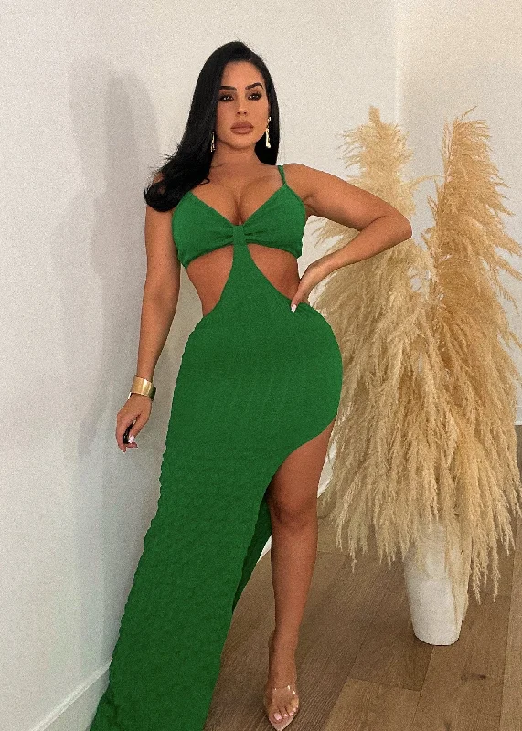 Work On It Popcorn Maxi Dress Green Fashionable High-Low Maxi Dress