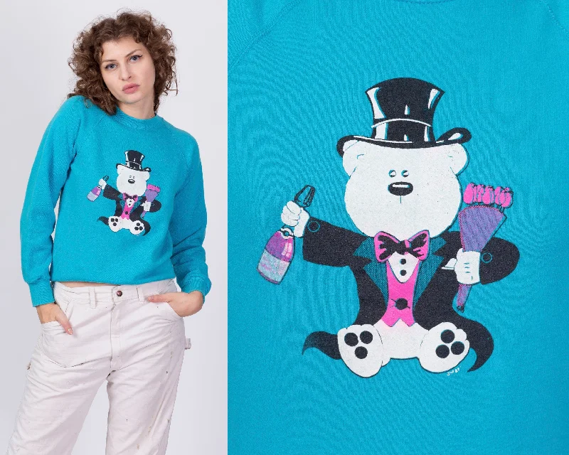 80s Romantic Teddy Bear Sweatshirt - Small Hoodie with Lace Feminine Delicate
