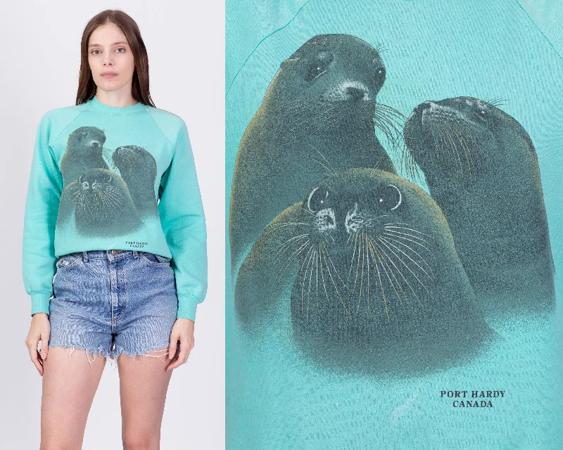 80s Sea Lion Sweatshirt - Medium Hoodie with Snap Buttons Easy Quick