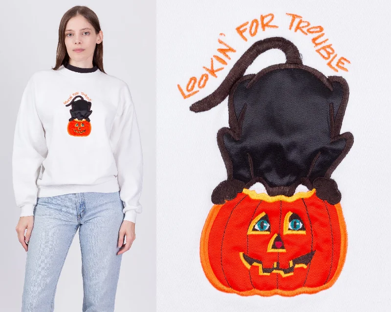 90s Halloween Cat Sweatshirt - Medium Hoodie with Hood Adjustable Protection