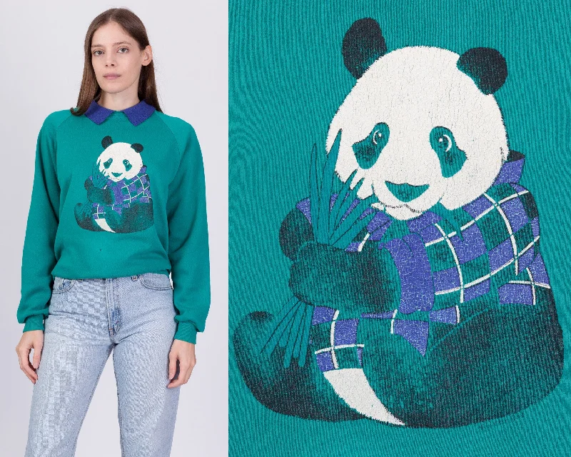 90s Panda Collared Sweatshirt - Large Hoodie with Cropped Fit Short Trendy