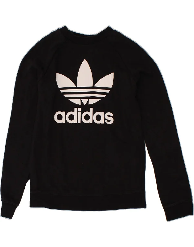 ADIDAS Womens Graphic Sweatshirt Jumper UK 10 Small Black Cotton Hoodie with Slim Fit Tailored Modern