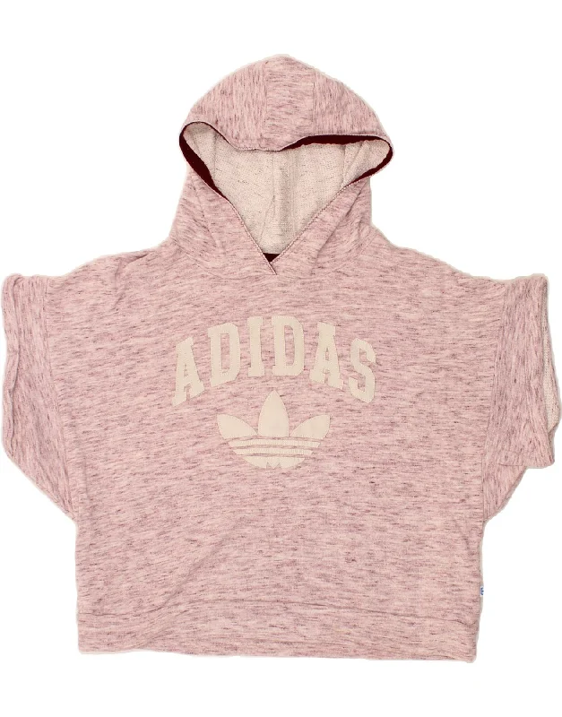 ADIDAS Womens Short Sleeve Graphic Hoodie Jumper UK 12 Medium  Pink Hoodie with Hem Raw Edge Edgy Unfinished