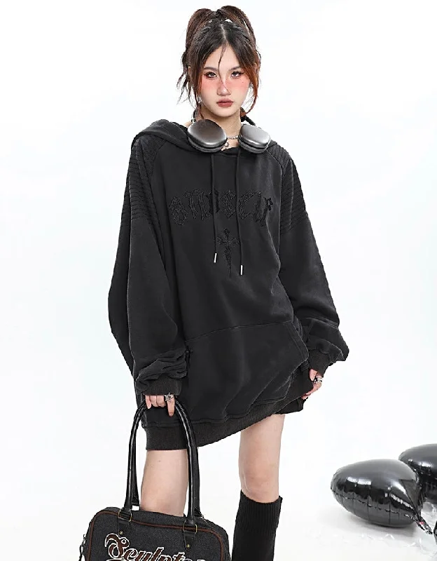 ANOSELF Embroidery Solid Color Long Sleeve Hoodie Hoodie with Raw Hem Edgy Unfinished