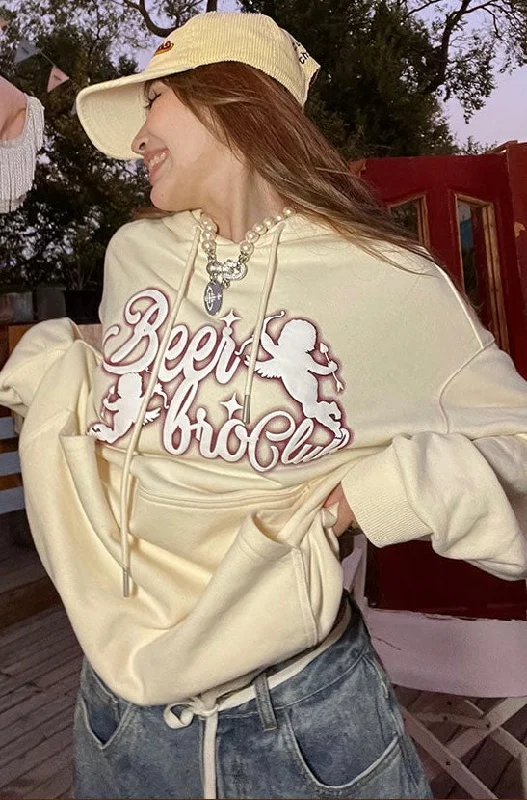 Beerbro Club Graphic Letter Print Long Sleeve Hoodie Hoodie with Hem Detail Decorative Unique