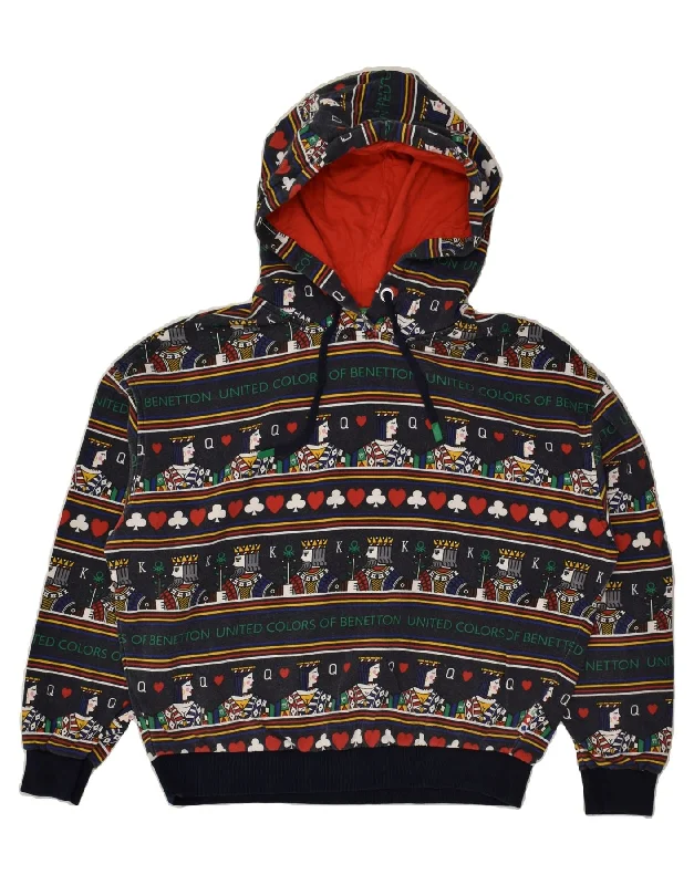 BENETTON Womens Oversized Abstract Pattern Hoodie Jumper UK 6 XS Navy Blue Hoodie with Raw Hem Edgy Unfinished