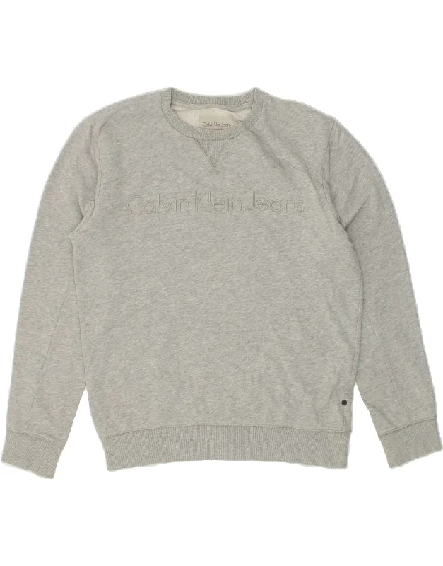 CALVIN KLEIN JEANS Womens Graphic Sweatshirt Jumper UK 10 Small Grey Hoodie Dress Longline Feminine