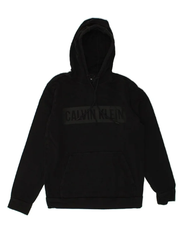 CALVIN KLEIN Mens Graphic Hoodie Jumper Medium Black Cotton Hoodie with Tied Waist Feminine Flattering