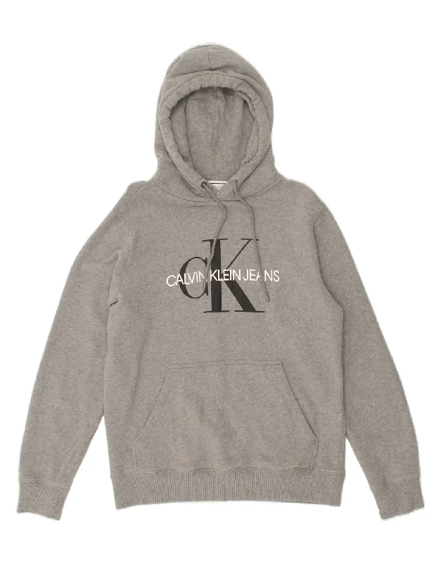 CALVIN KLEIN Mens Graphic Hoodie Jumper Medium Grey Cotton Hoodie with Belted Waist Structured Tailored