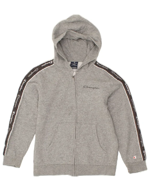 CHAMPION Boys Graphic Zip Hoodie Sweater 11-12 Years Large Grey Cotton Hoodie with Contrast Stitching Detailed Premium