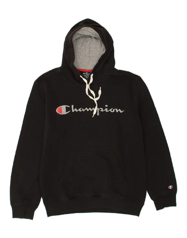 CHAMPION Mens Graphic Hoodie Jumper Medium Black Hoodie with Hem Embroidery Detailed Premium CHAMPION Mens Graphic Hoodie Jumper Medium Black Hoodie with Hem Embroidery Detailed Premium