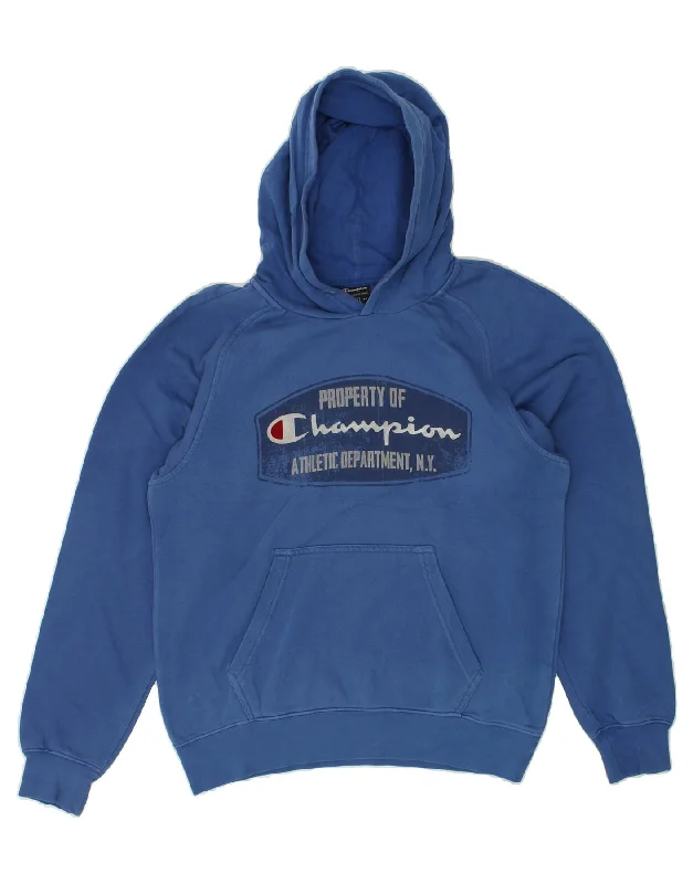 CHAMPION Mens Graphic Hoodie Jumper Medium Blue Cotton Hoodie with Snap Buttons Easy Quick