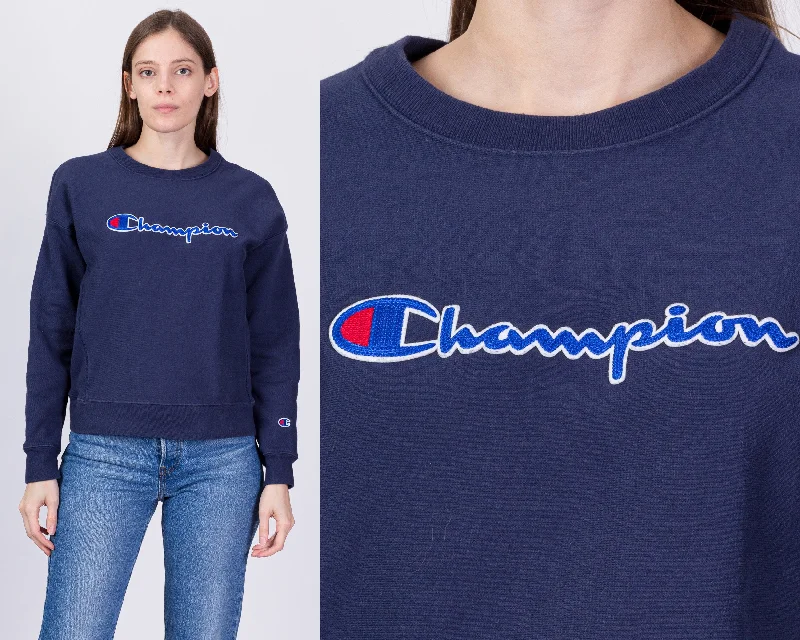Champion Reverse Weave Navy Blue Cropped Sweatshirt - Large Hoodie with Toggle Buttons Decorative Unique