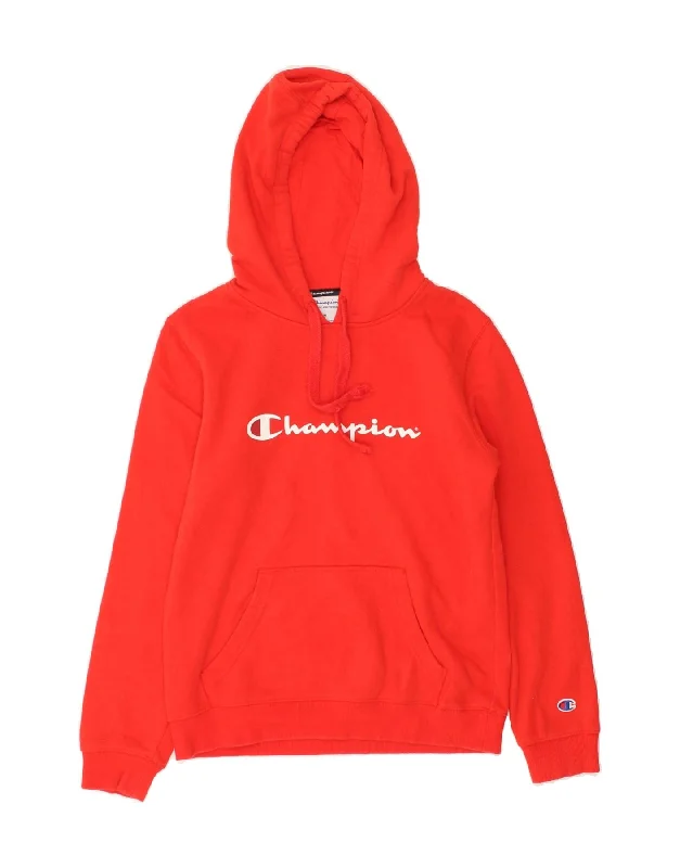 CHAMPION Womens Graphic Hoodie Jumper UK 14 Medium Red Cotton Hoodie with Distressed Vintage Worn