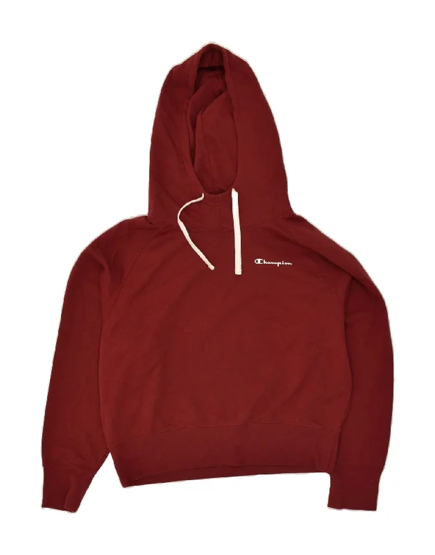 CHAMPION Womens Hoodie Jumper UK 16 Large Maroon Cotton Hoodie with Hem Embroidery Detailed Premium