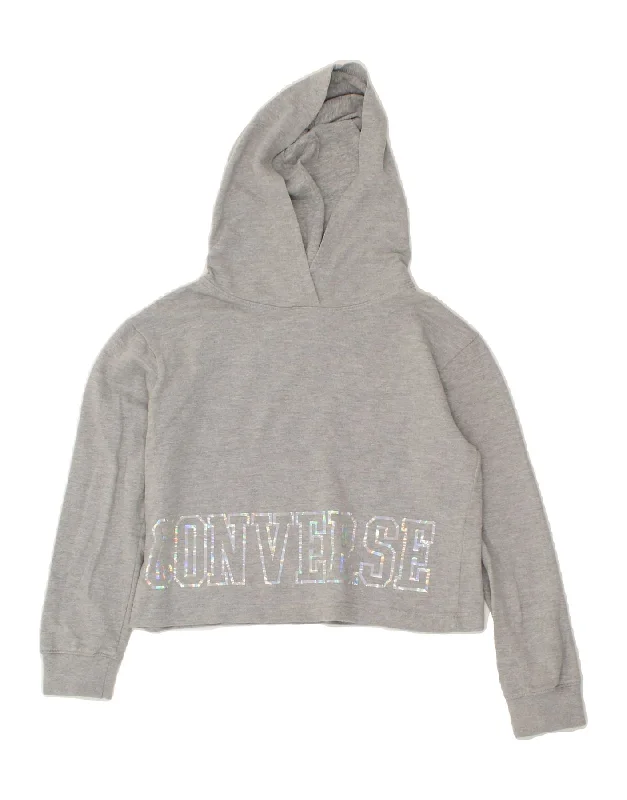 CONVERSE Girls Graphic Crop Hoodie Jumper 10-11 Years Medium Grey Cotton Hoodie with Frayed Bohemian Relaxed