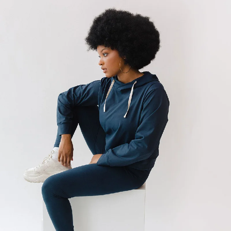 Intention Hoodie, Navy Hoodie with Zipper Placket Modern Functional