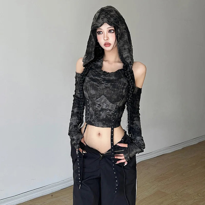 Cyberpunk Off Shoulder Hooded Top Hoodie with Stripes Bold Sporty