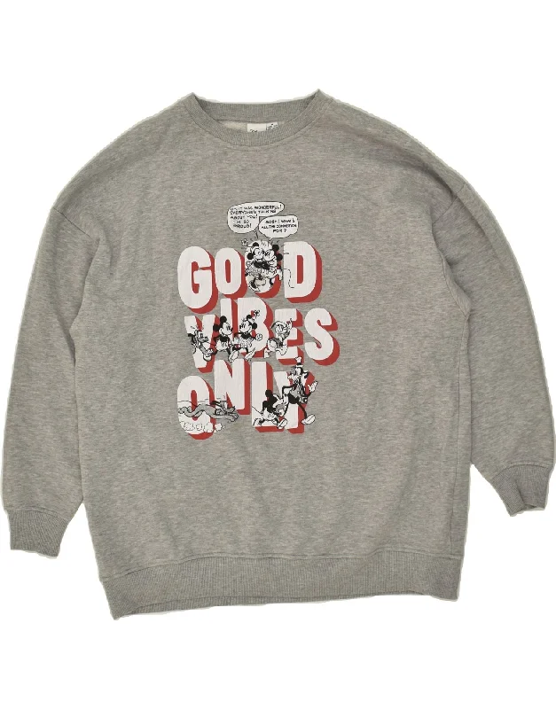 DISNEY Womens Oversized Graphic Sweatshirt Jumper UK 12/14 Medium Grey Hoodie with Half-Zip Sporty Casual