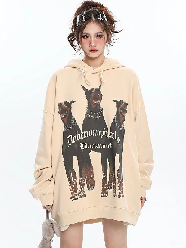 Doberman Graphic Letter Print Solid Color Long Sleeve Hoodie Hoodie with Logo Branding Identity