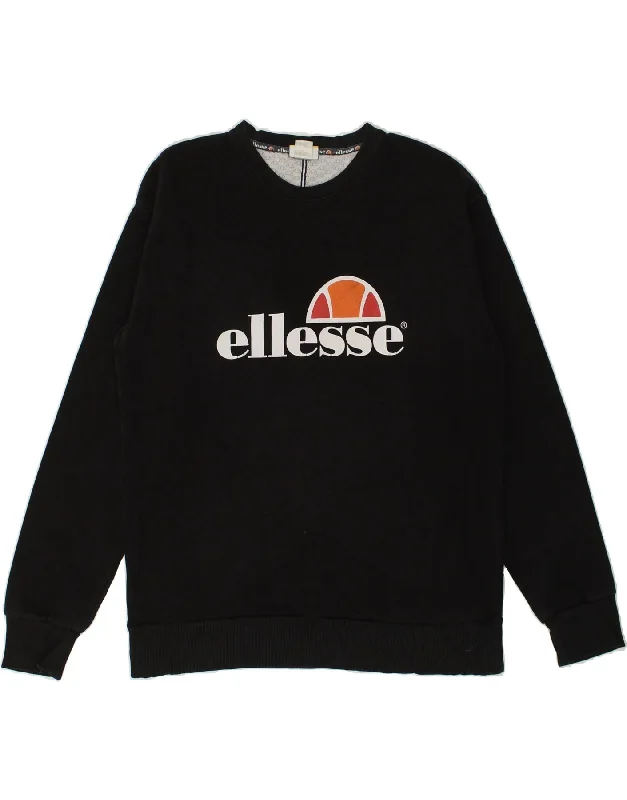 ELLESSE Mens Graphic Sweatshirt Jumper Large Black Cotton Hoodie with Front Slit Layering Stylish