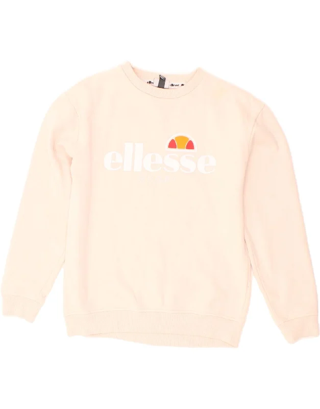 ELLESSE Womens Graphic Sweatshirt Jumper UK 10 Small Beige Cotton Hoodie with Drop Shoulder Relaxed Streetwear