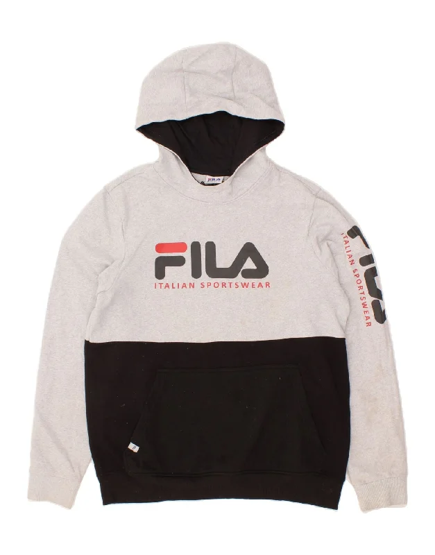 FILA Mens Graphic Hoodie Jumper Large Grey Colourblock Cotton Hoodie with Belted Waist Structured Tailored